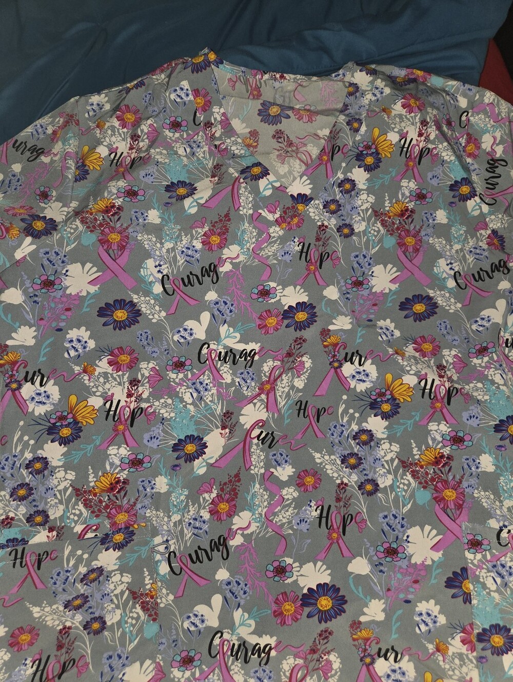 Women’s Gray Floral & Breast Cancer Awareness Pink Ribbon Scrub Top